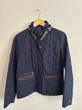 Ralph Lauren Navy Quilted Jacket with Brown Trim